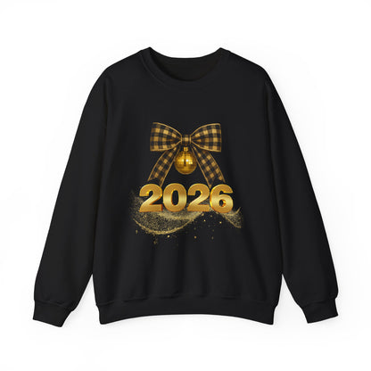 2026 Holiday Sweater Crewneck — Gold Plaid Bow New Year Sweatshirt