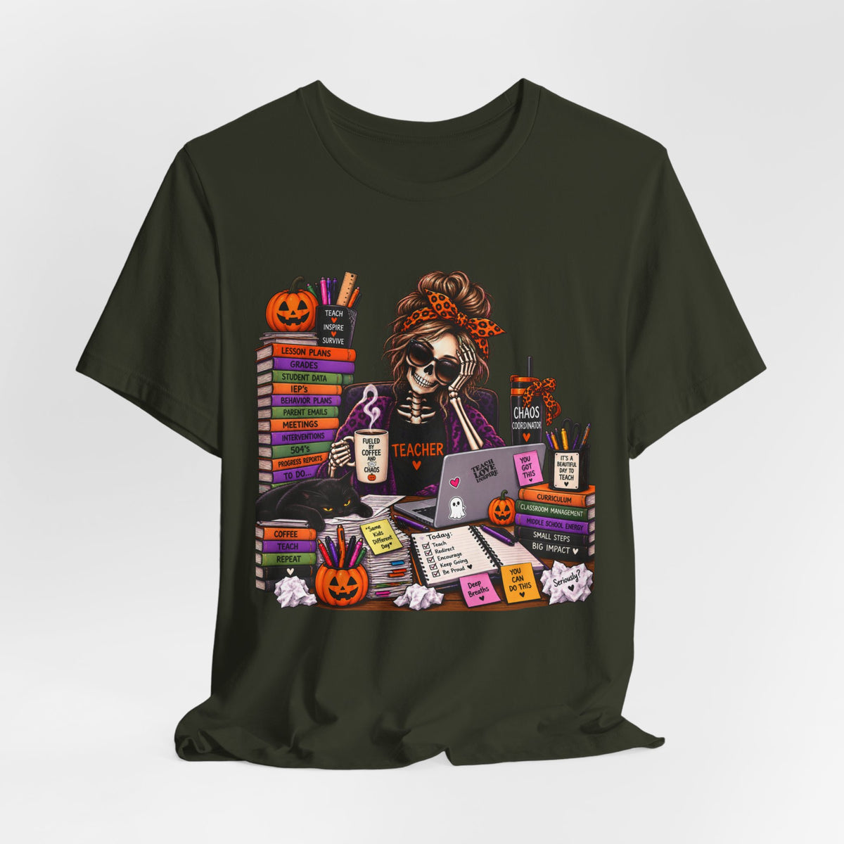 Teacher Halloween Shirt – Fueled by Coffee & Chaos Skeleton Teacher Tee