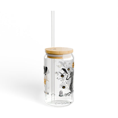 Cute Spooky Halloween Inspired Sipper Glass with Bamboo Lid Straw Tumbler Mug for beverages and drinks