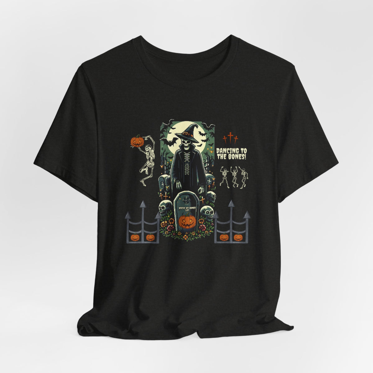 Dancing to the Bones Halloween Tee – Vintage Skeleton Graveyard Back Print Crewneck