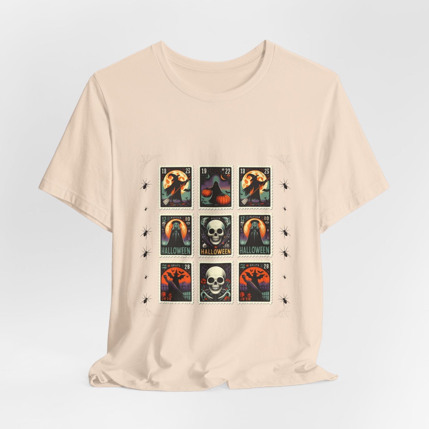 Vintage Halloween Stamp Shirt, Retro Spooky Postage Graphic Tee, Skeleton Raven Pumpkin Halloween T-Shirt