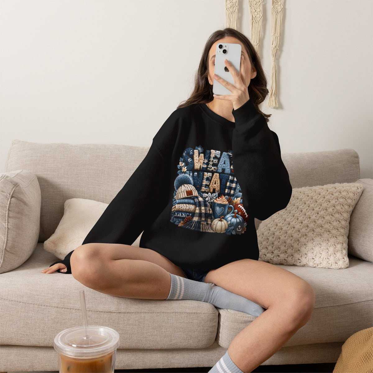 Blue Sweater Weather Shirt – Crochet Knit Fall Graphic Tee, Leopard Print Pumpkin & Coffee Design