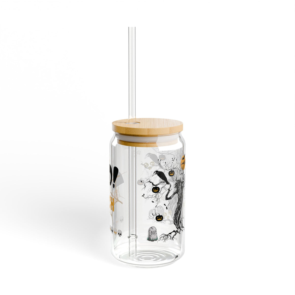 Cute Spooky Halloween Inspired Sipper Glass with Bamboo Lid Straw Tumbler Mug for beverages and drinks
