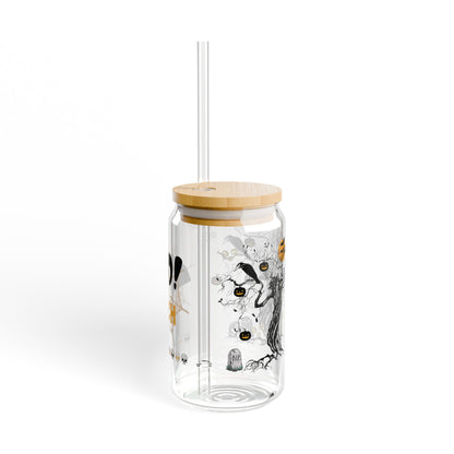 Cute Spooky Halloween Inspired Sipper Glass with Bamboo Lid Straw Tumbler Mug for beverages and drinks