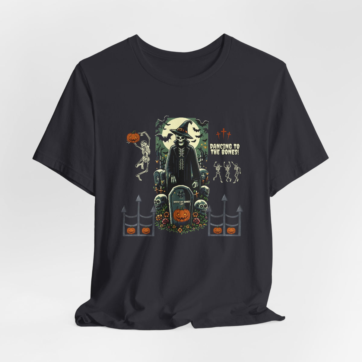 Dancing to the Bones Halloween Tee – Vintage Skeleton Graveyard Back Print Crewneck