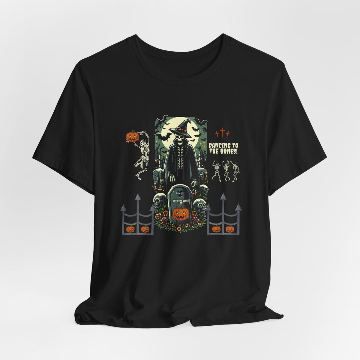 Dancing to the Bones Halloween Tee – Vintage Skeleton Graveyard Back Print Crewneck