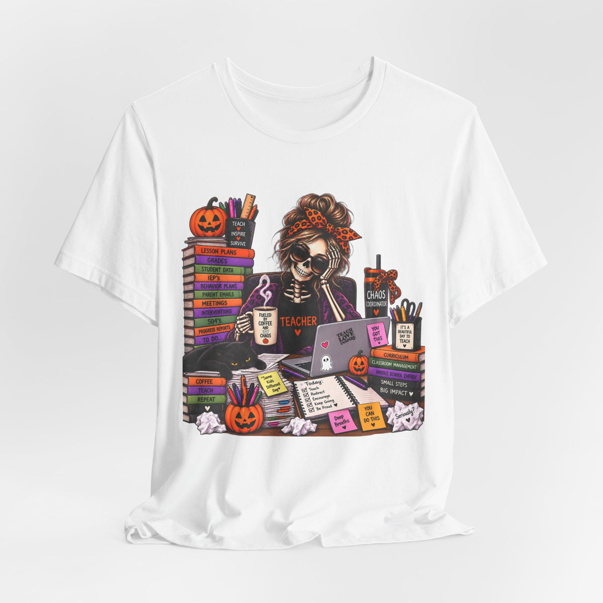 Teacher Halloween Shirt – Fueled by Coffee & Chaos Skeleton Teacher Tee