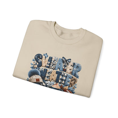 Blue Sweater Weather Shirt – Crochet Knit Fall Graphic Tee, Leopard Print Pumpkin & Coffee Design