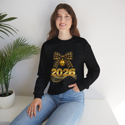 2026 Holiday Sweater Crewneck — Gold Plaid Bow New Year Sweatshirt