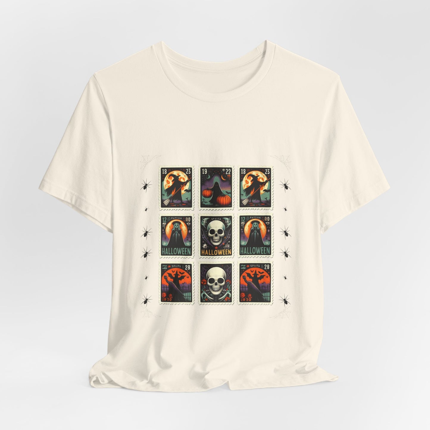 Vintage Halloween Stamp Shirt, Retro Spooky Postage Graphic Tee, Skeleton Raven Pumpkin Halloween T-Shirt
