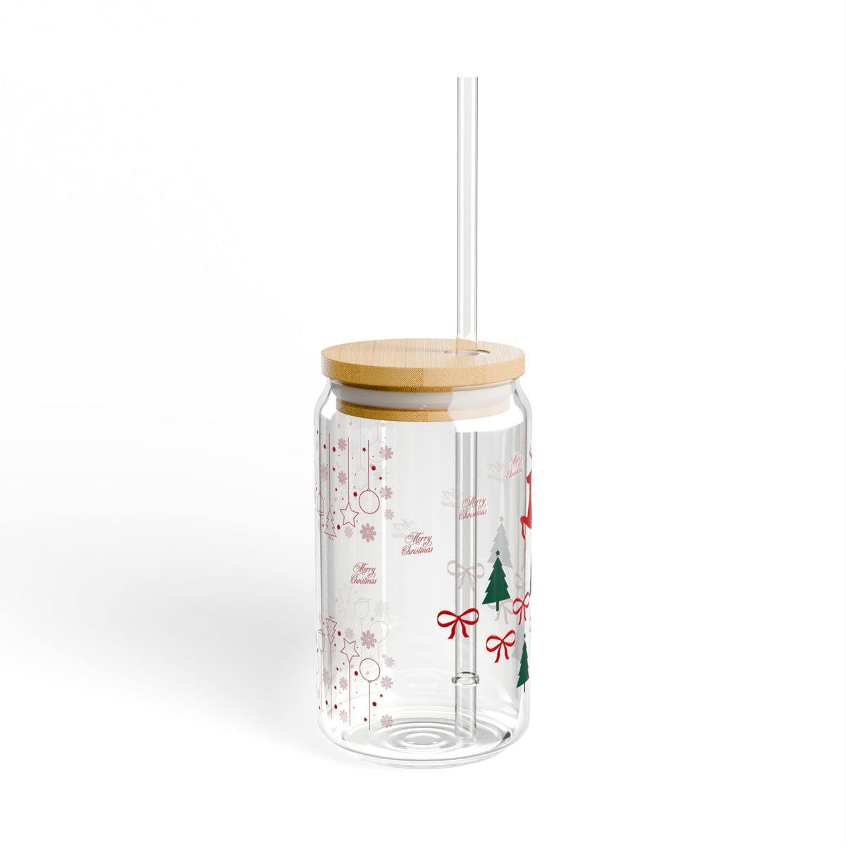 Festive Reindeer Holiday 16oz Sipper Glass,  Red Ribbons, Green Christmas Trees, and Bamboo Lid, Perfect Gift for the Holidays