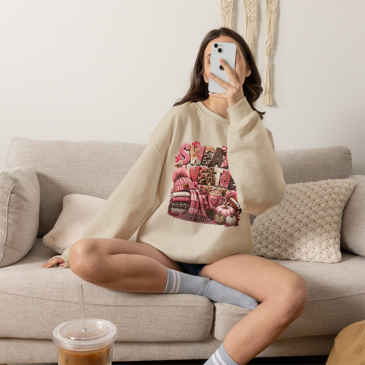 Pink Sweater Weather Shirt – Crochet Knit Fall Graphic Tee, Leopard Print Pumpkin & Coffee Design