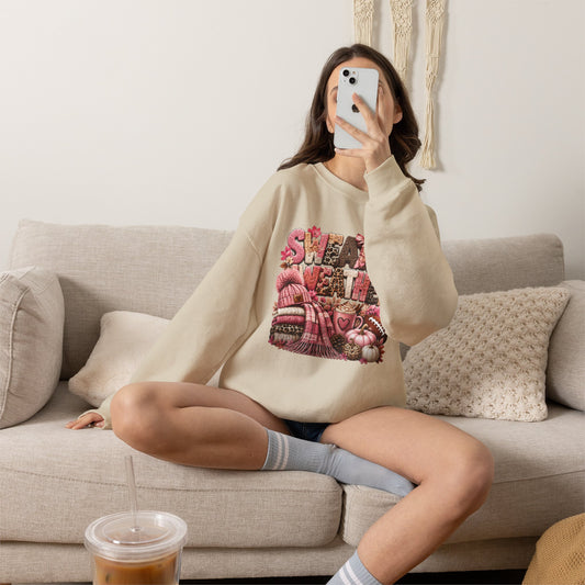 Pink Sweater Weather Shirt – Crochet Knit Fall Graphic Tee, Leopard Print Pumpkin & Coffee Design