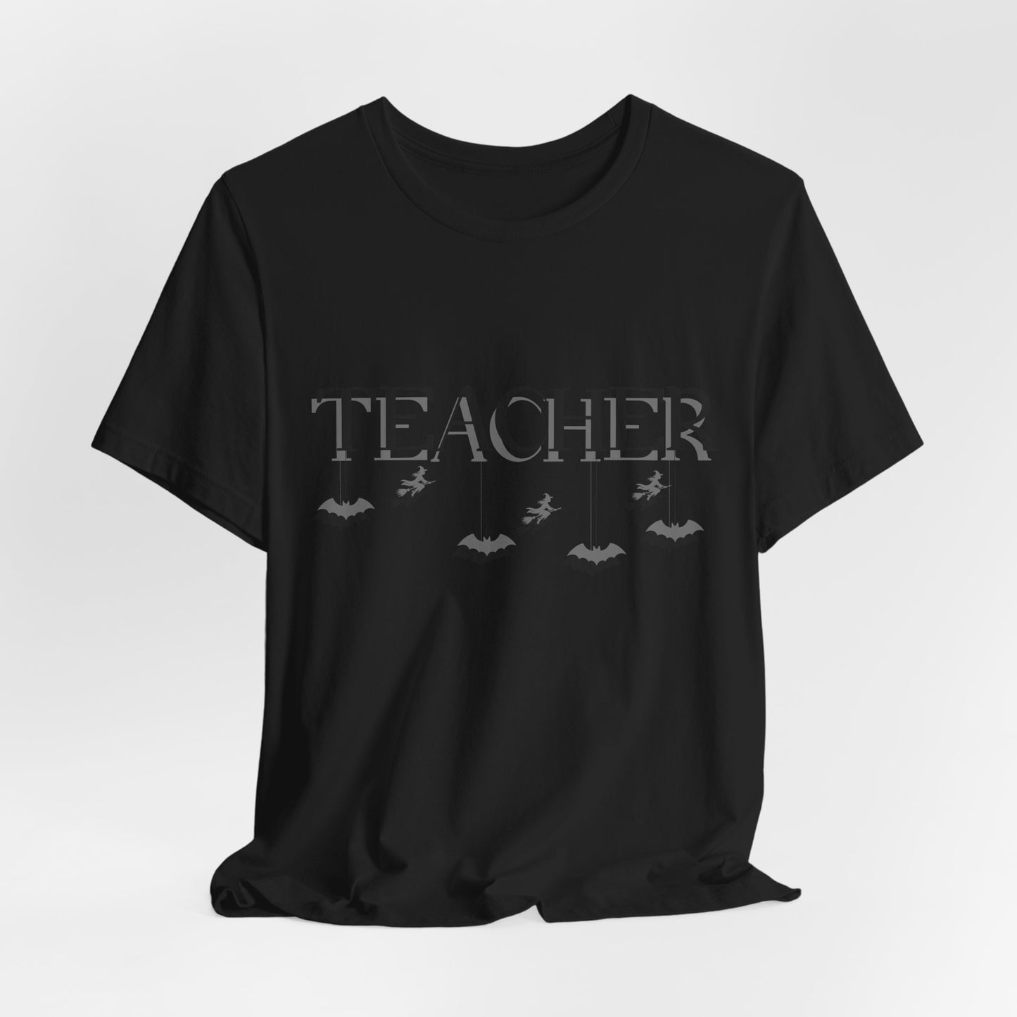 Teacher Halloween Shirt | Spooky Teacher Tee | Witch & Bat Teacher Graphic | Black and Gray Halloween Teacher T-Shirt
