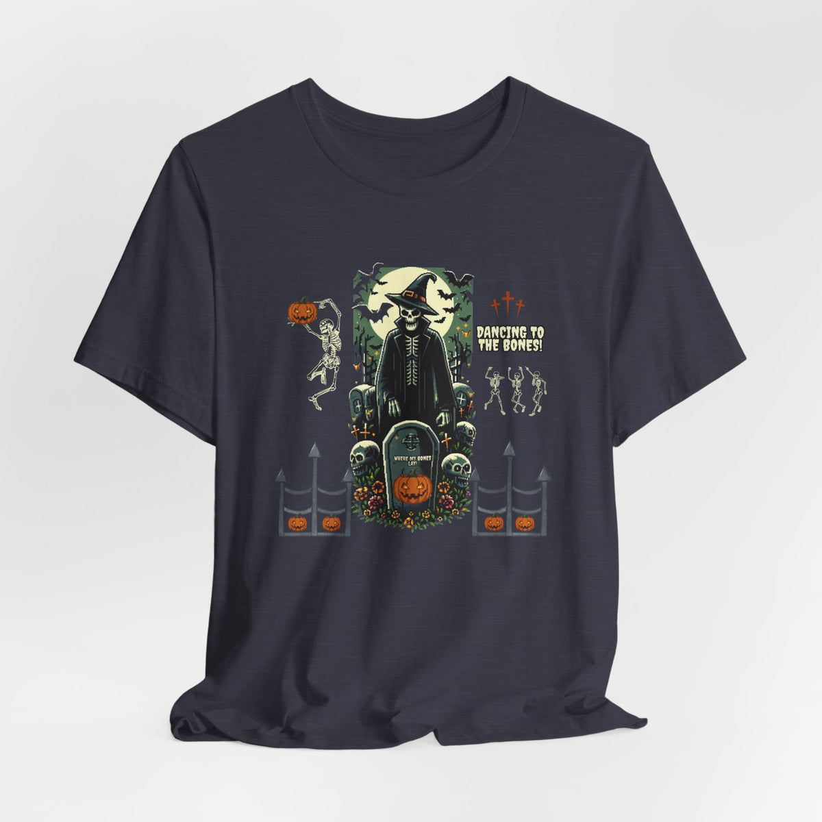 Dancing to the Bones Halloween Tee – Vintage Skeleton Graveyard Back Print Crewneck