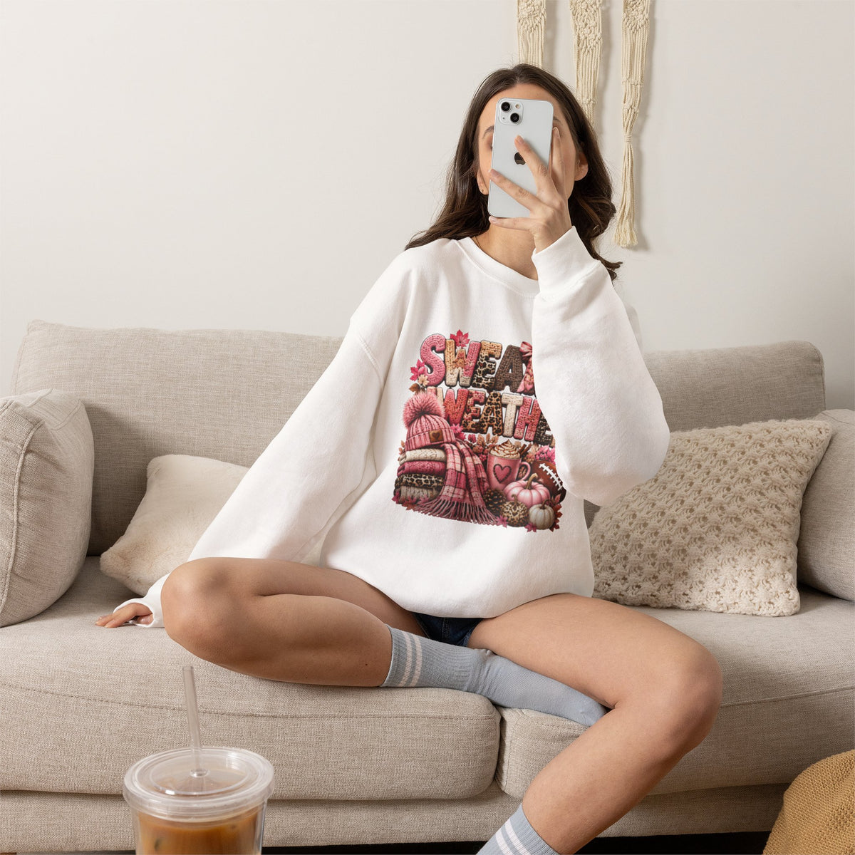 Pink Sweater Weather Shirt – Crochet Knit Fall Graphic Tee, Leopard Print Pumpkin & Coffee Design