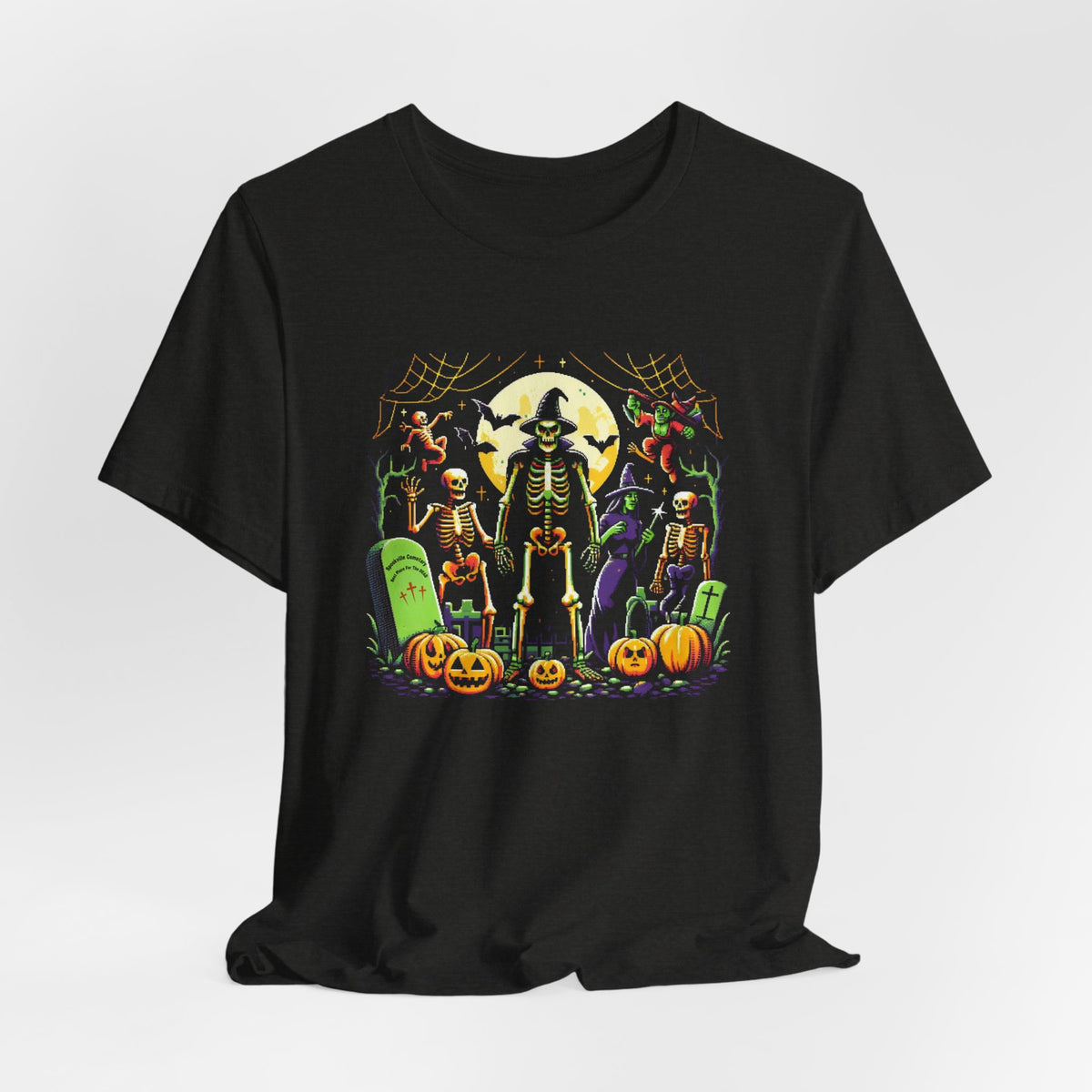 Retro Halloween Skeleton & Witch T-Shirt – Vintage Spooky Graveyard Graphic Tee