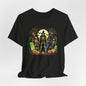 Retro Halloween Skeleton & Witch T-Shirt – Vintage Spooky Graveyard Graphic Tee