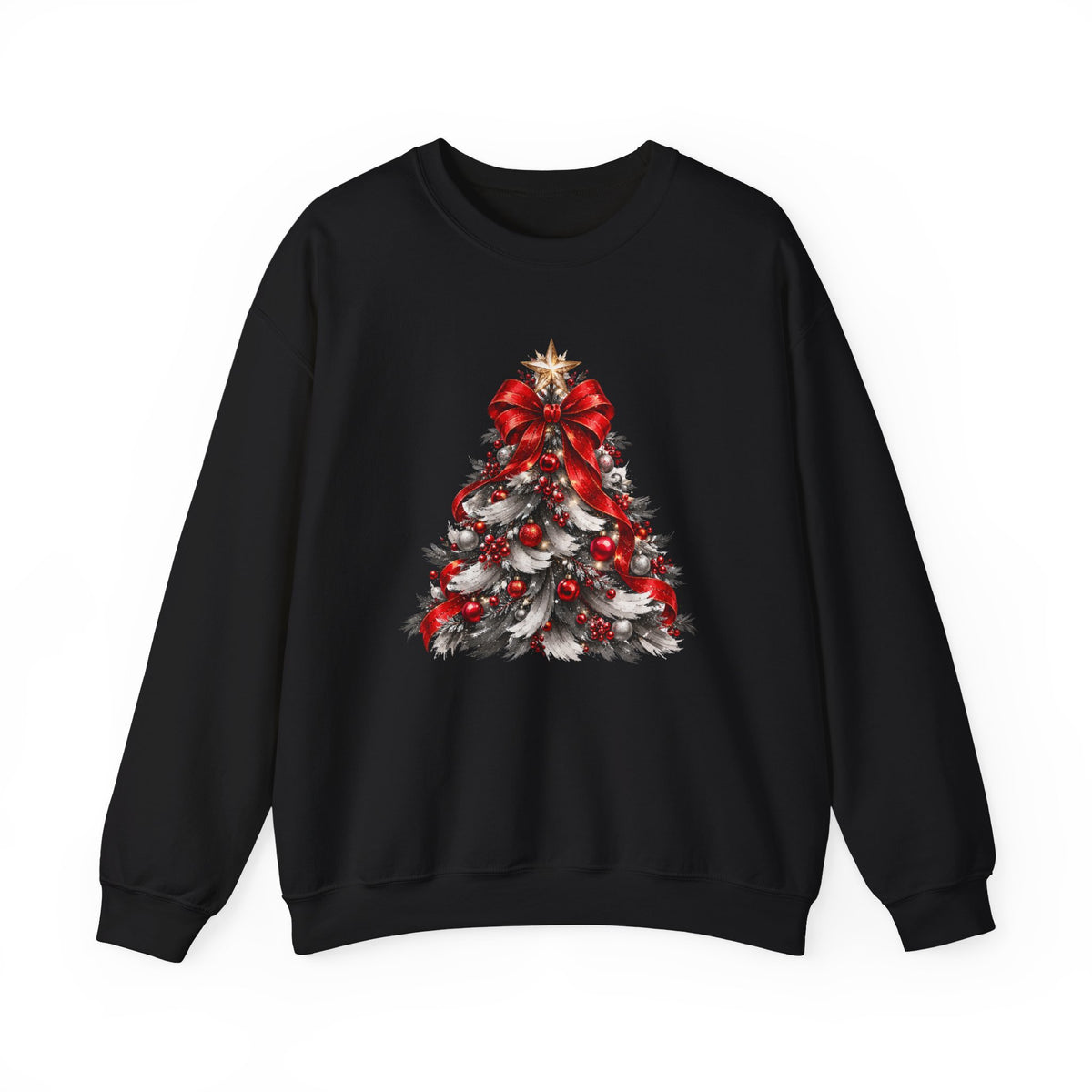 Festive Christmas Tree Sweatshirt – Red Bow & Ornament Holiday Crewneck
