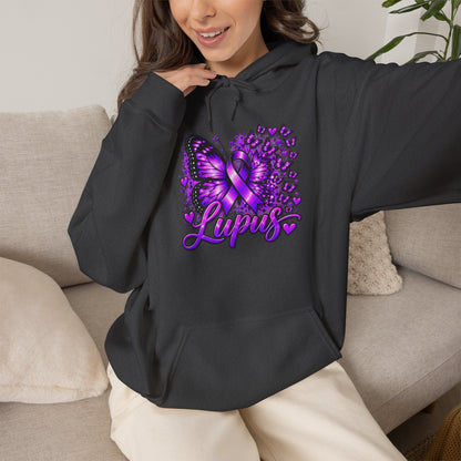 Purple Lupus Awareness Hoodie — Butterfly Ribbon Support Sweatshirt