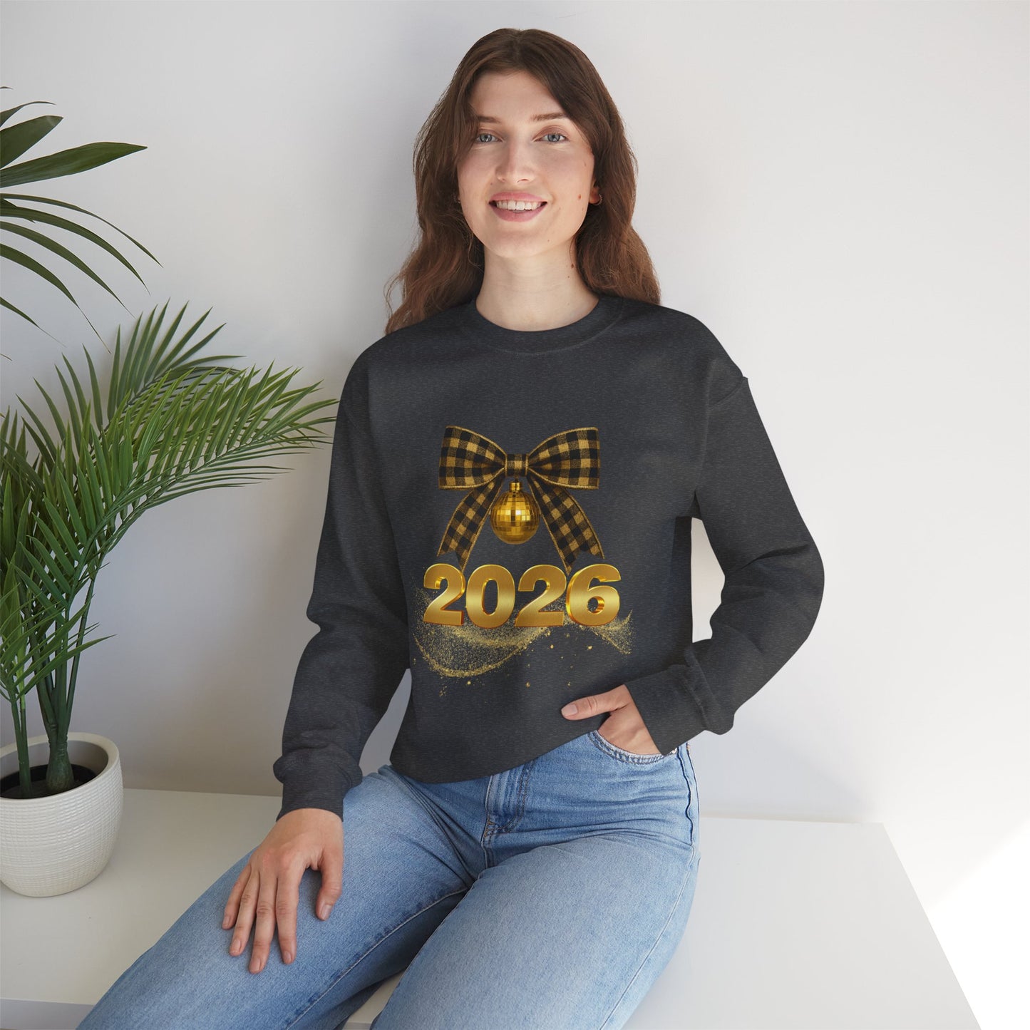 2026 Holiday Sweater Crewneck — Gold Plaid Bow New Year Sweatshirt