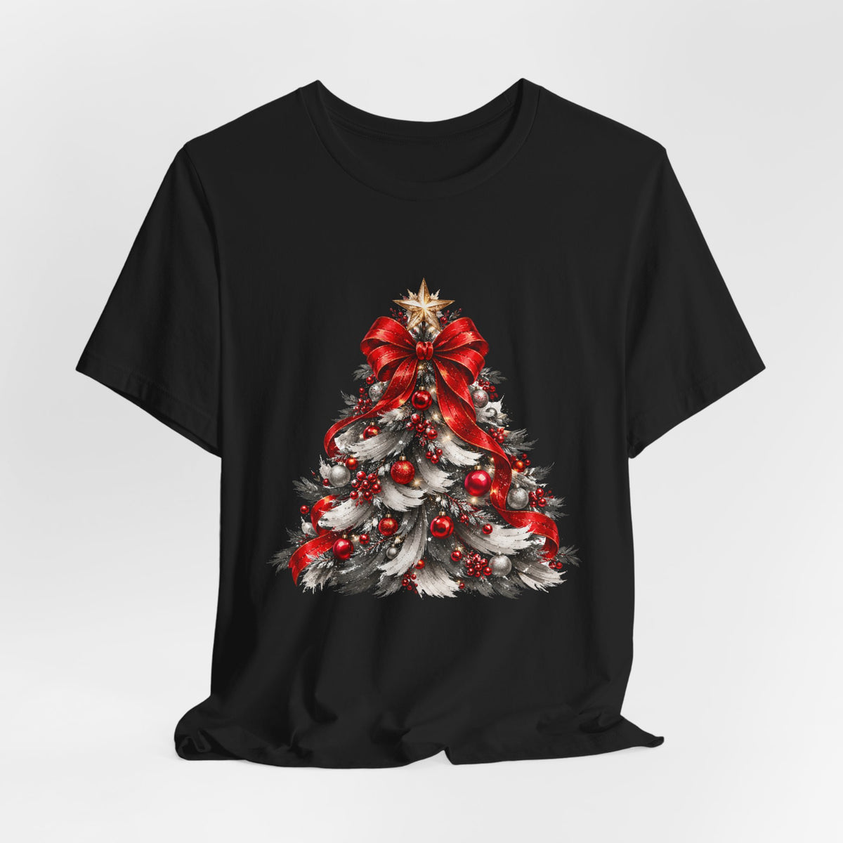 Festive Christmas Tree Sweatshirt – Red Bow & Ornament Holiday Crewneck