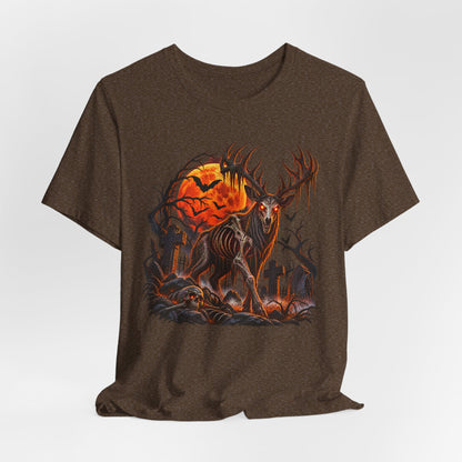 Haunted Buck Halloween T-Shirt – Undead Deer Graveyard Horror Tee
