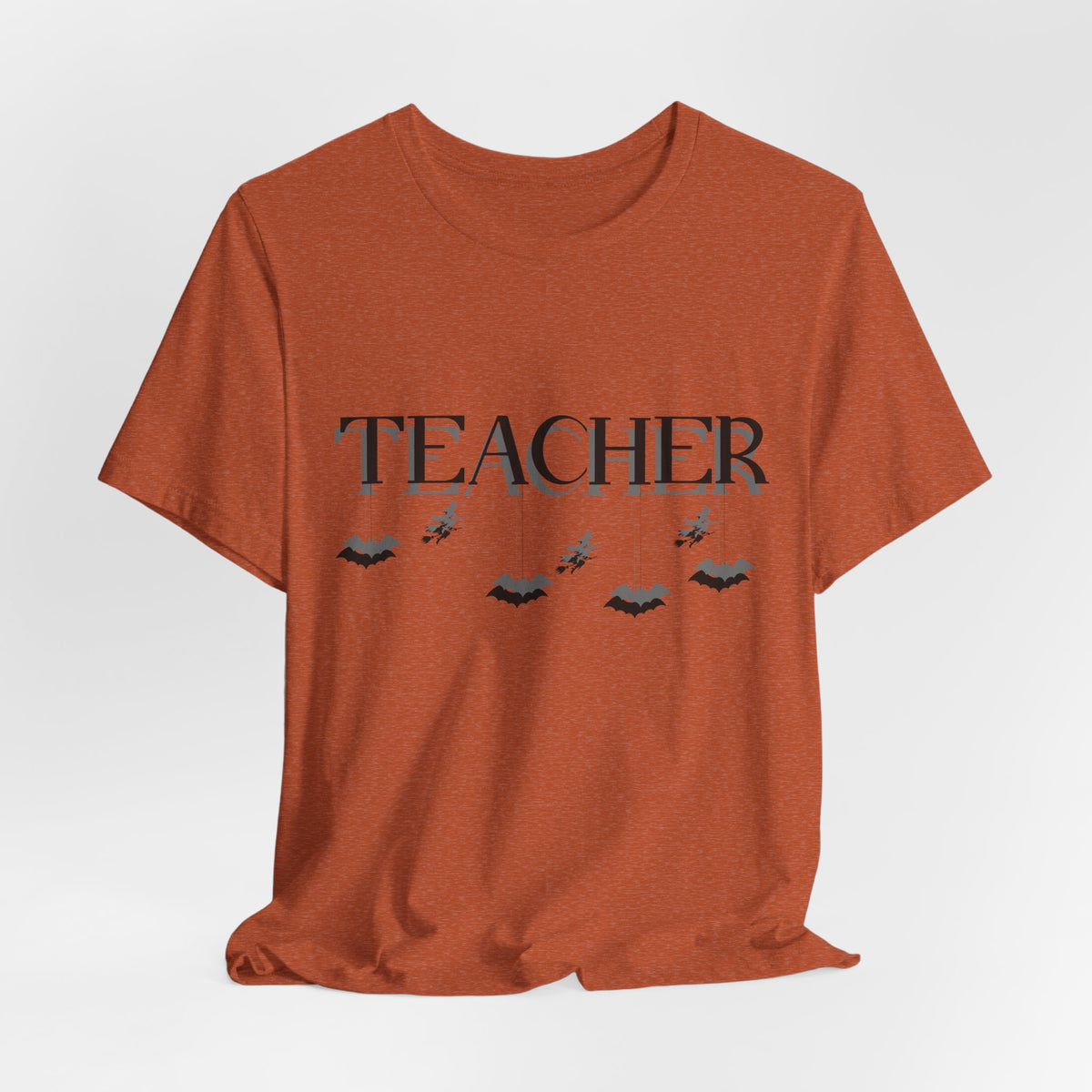 Teacher Halloween Shirt | Spooky Teacher Tee | Witch & Bat Teacher Graphic | Black and Gray Halloween Teacher T-Shirt