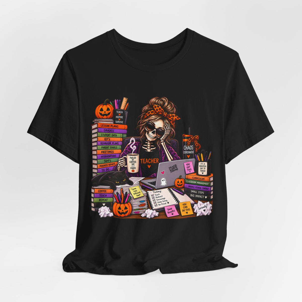 Teacher Halloween Shirt – Fueled by Coffee & Chaos Skeleton Teacher Tee