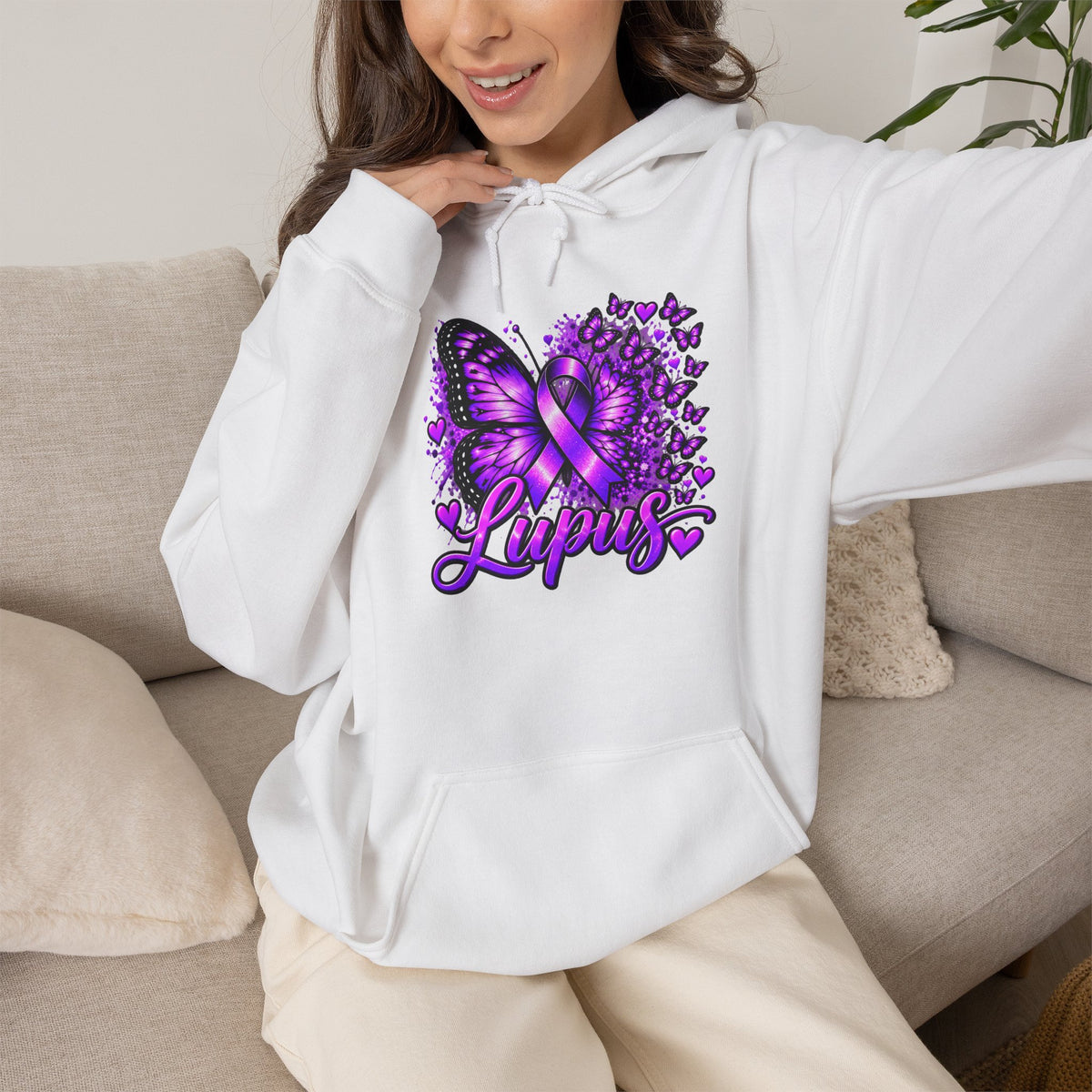 Purple Lupus Awareness Hoodie — Butterfly Ribbon Support Sweatshirt