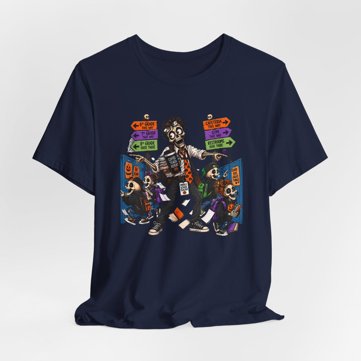 Male Middle School Teacher Halloween Skeleton Shirt – Coffee Teach Repeat Classroom Chaos Tee