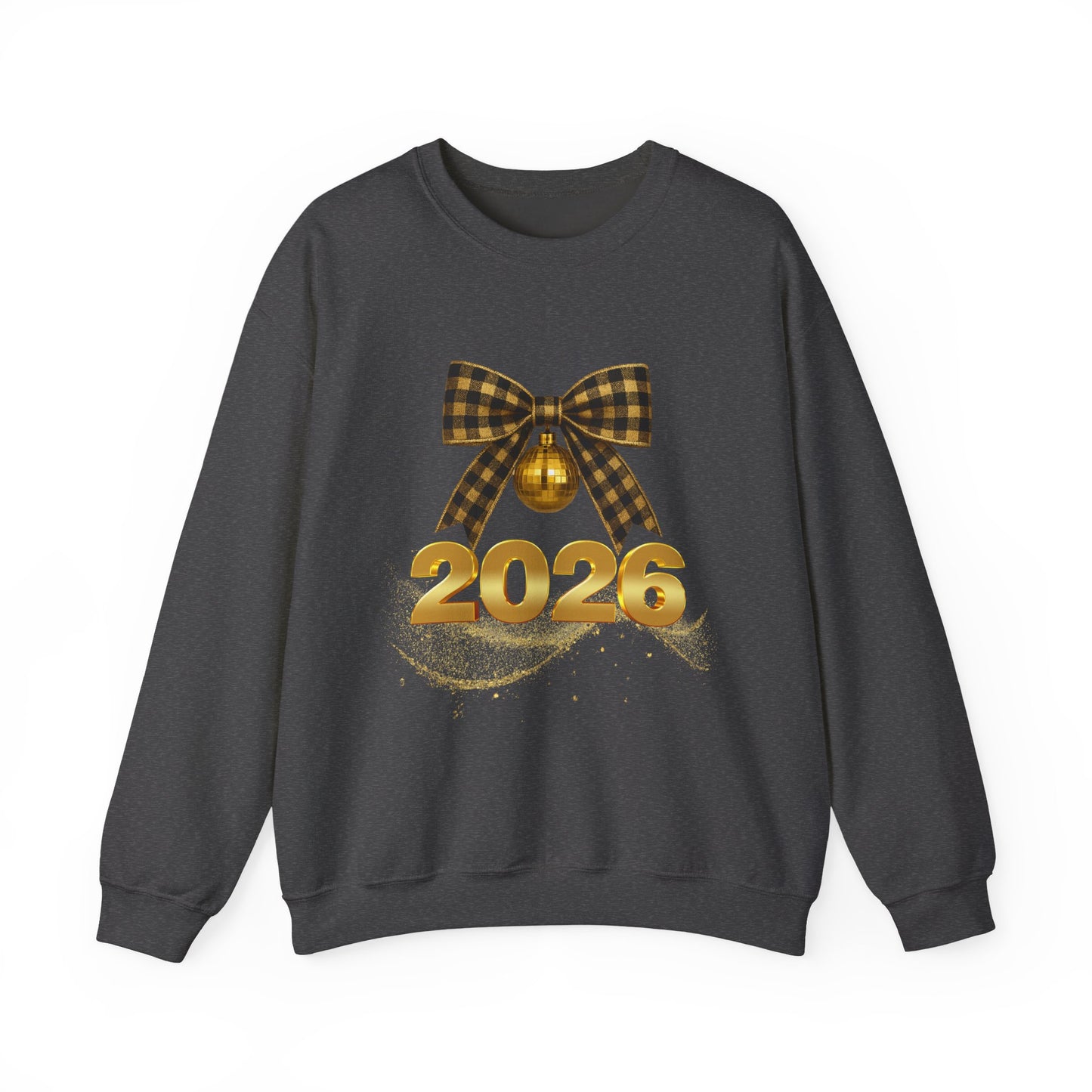 2026 Holiday Sweater Crewneck — Gold Plaid Bow New Year Sweatshirt