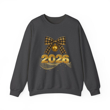 2026 Holiday Sweater Crewneck — Gold Plaid Bow New Year Sweatshirt