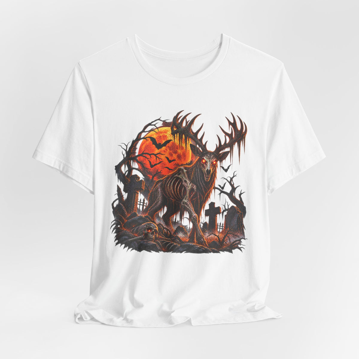 Haunted Buck Halloween T-Shirt – Undead Deer Graveyard Horror Tee