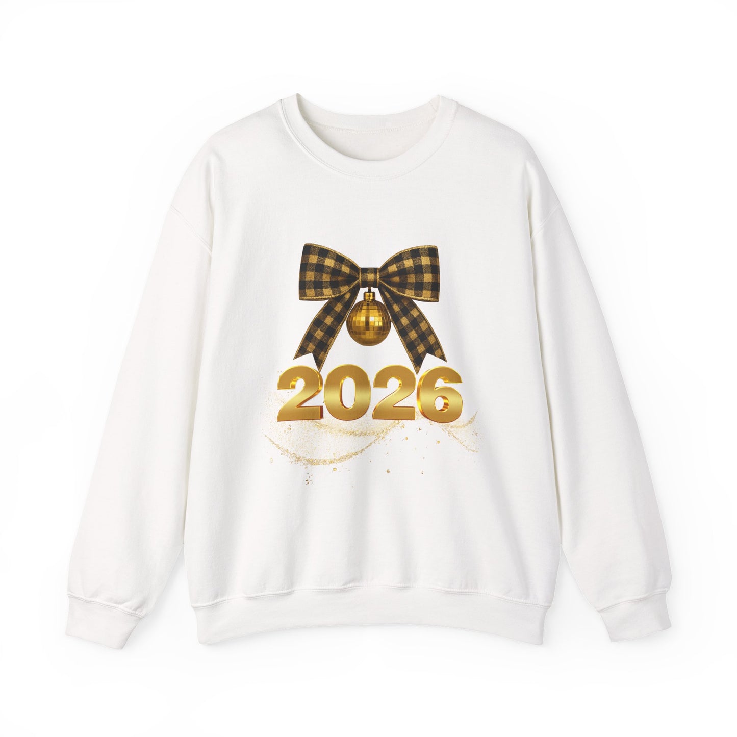 2026 Holiday Sweater Crewneck — Gold Plaid Bow New Year Sweatshirt