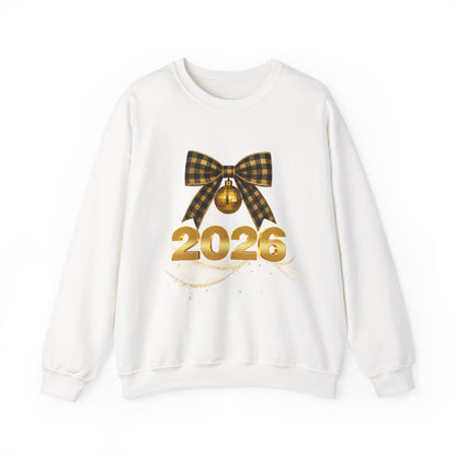 2026 Holiday Sweater Crewneck — Gold Plaid Bow New Year Sweatshirt