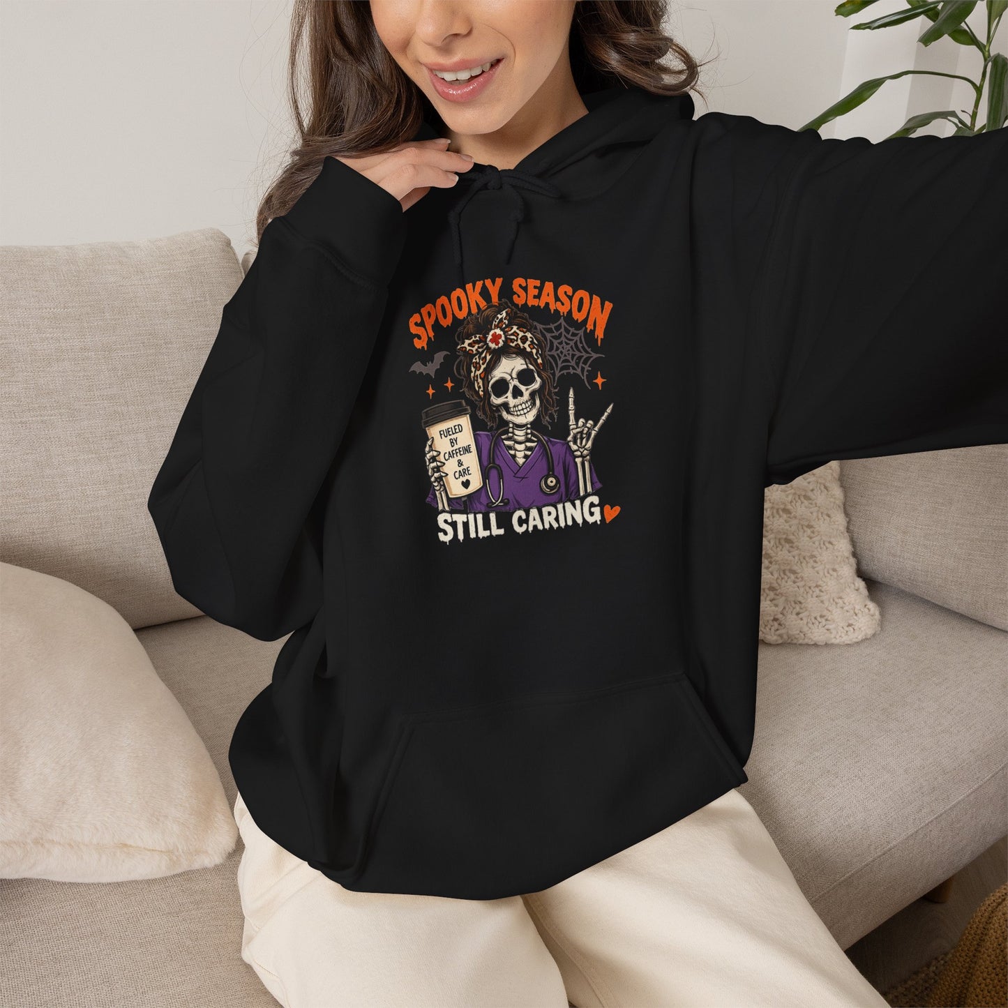 Halloween Nurse Sweatshirt – Spooky Season Still Caring Skeleton Nurse Crewneck – Caffeine & Care Healthcare Halloween Sweater