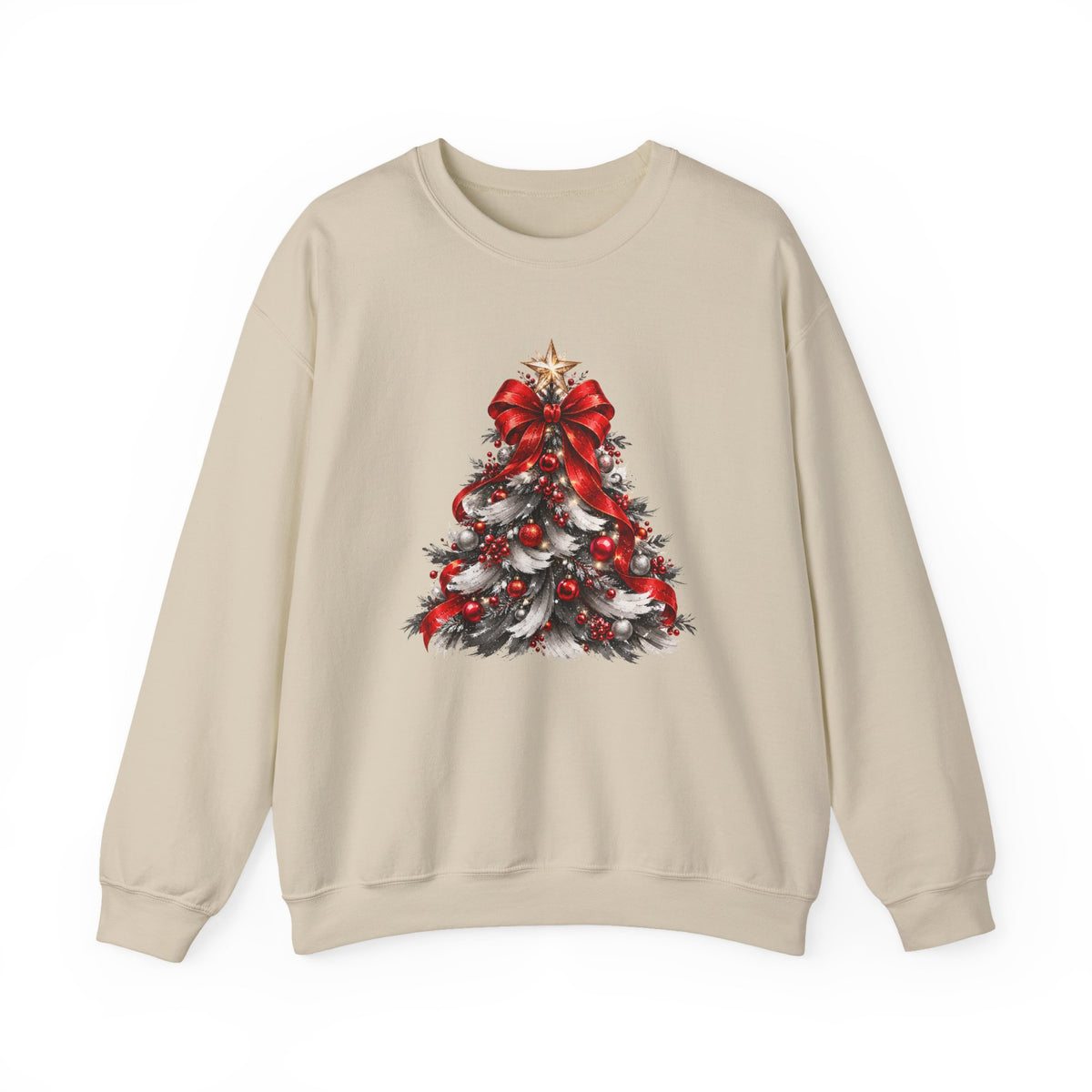 Festive Christmas Tree Sweatshirt – Red Bow & Ornament Holiday Crewneck