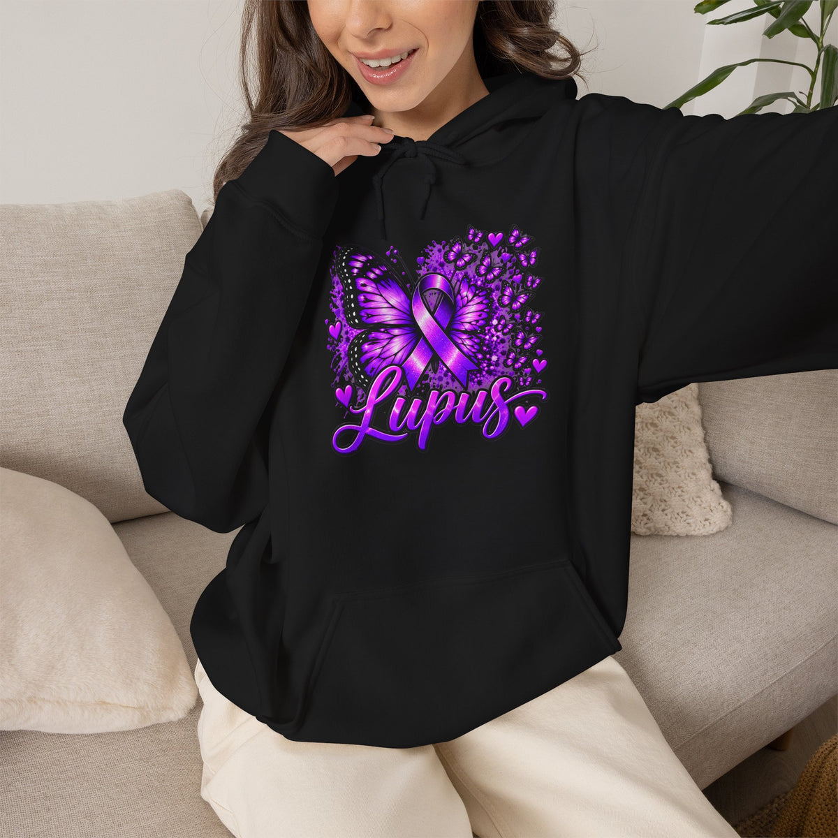 Purple Lupus Awareness Hoodie — Butterfly Ribbon Support Sweatshirt