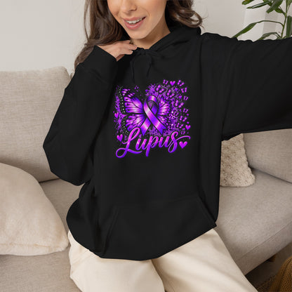Purple Lupus Awareness Hoodie — Butterfly Ribbon Support Sweatshirt