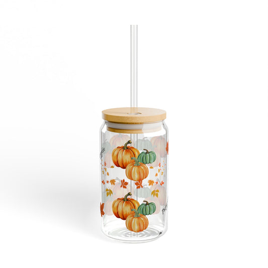 Pumpkin Spice Galore Sipper Glass, 16oz, Great For Fall Decorations, Autumn Look, With Bamboo Lid And Reusable Straw