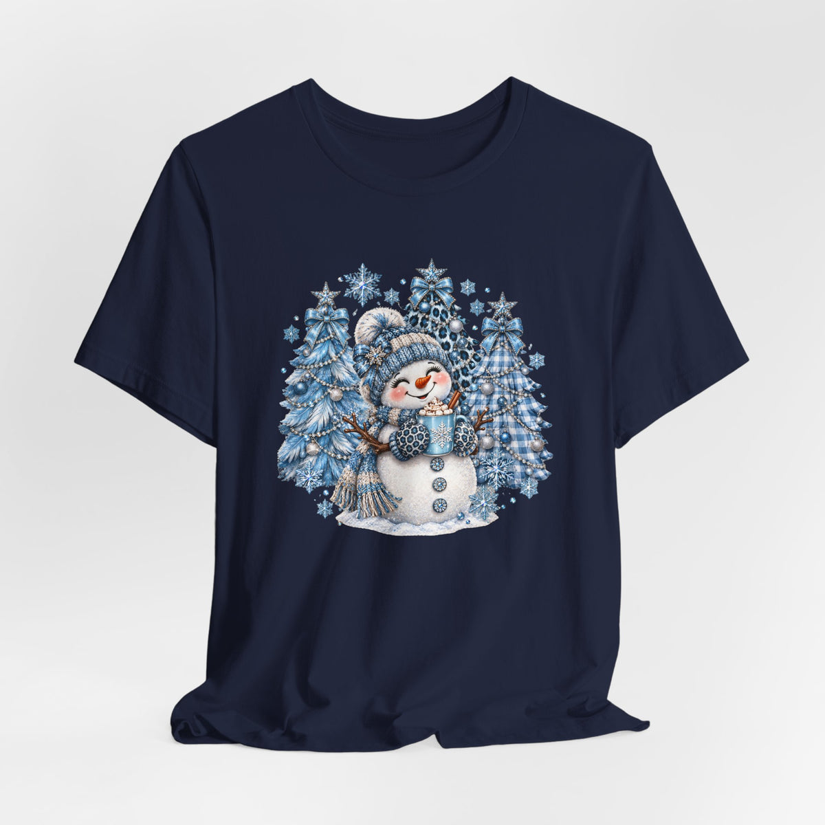 Cozy Blue Christmas Snowman TEE – Hot Cocoa, Leopard & Gingham Winter Trees