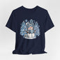 Cozy Blue Christmas Snowman TEE – Hot Cocoa, Leopard & Gingham Winter Trees