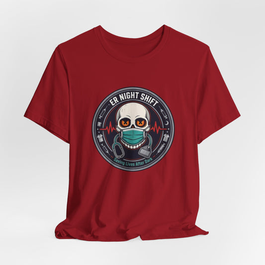 ER Night Shift Halloween T-Shirt – Saving Lives After Dark Skeleton Medical Crewneck – Emergency Room Healthcare Shirt