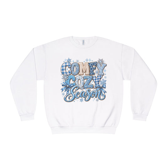 Comfy Cozy Season Ice Blue Winter Sweatshirt – Snowflake & Patterned Holiday Crewneck