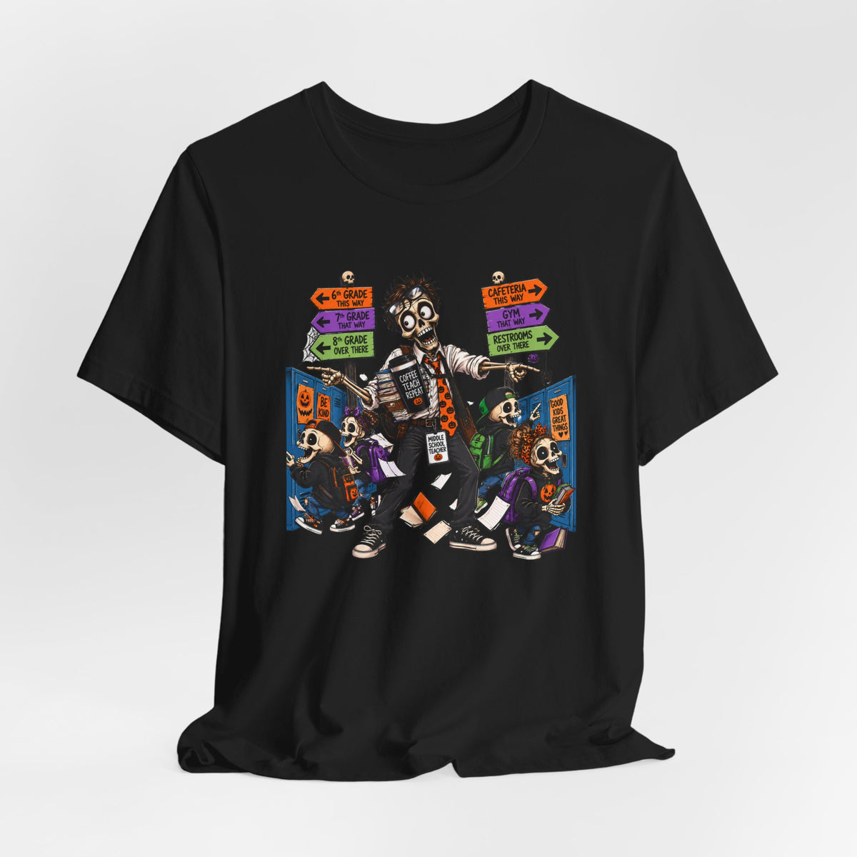 Male Middle School Teacher Halloween Skeleton Shirt – Coffee Teach Repeat Classroom Chaos Tee