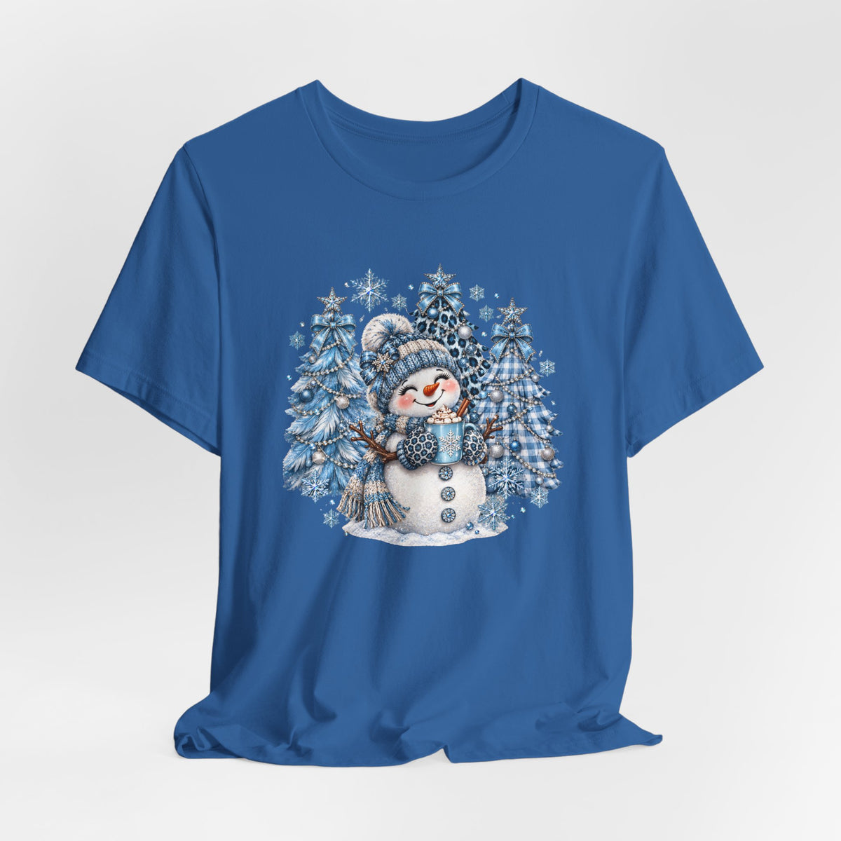 Cozy Blue Christmas Snowman TEE – Hot Cocoa, Leopard & Gingham Winter Trees
