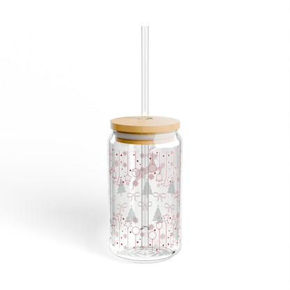 Festive Reindeer Holiday 16oz Sipper Glass,  Red Ribbons, Green Christmas Trees, and Bamboo Lid, Perfect Gift for the Holidays